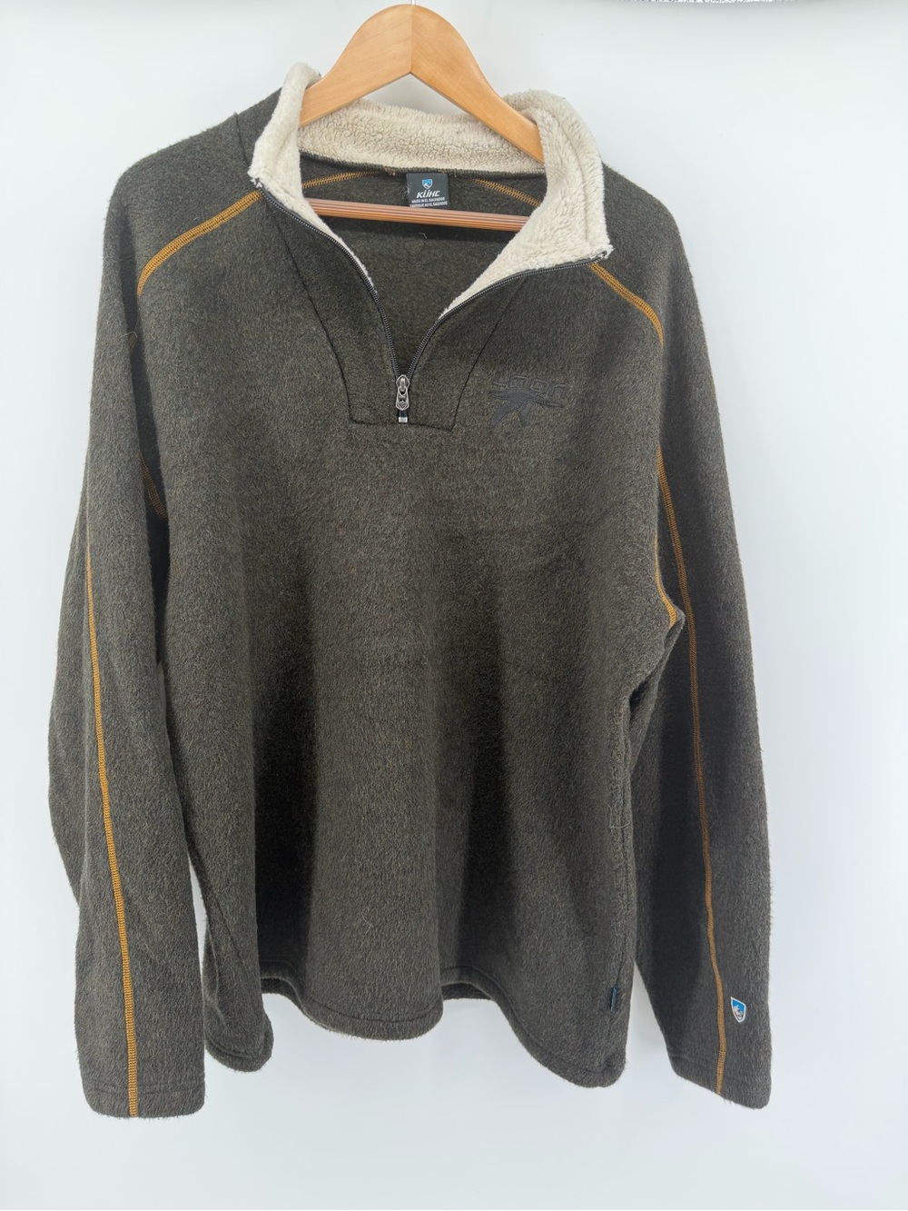Kuhl Men's Olive Green Quarter-Zip Sweater with Cream Sherpa Collar